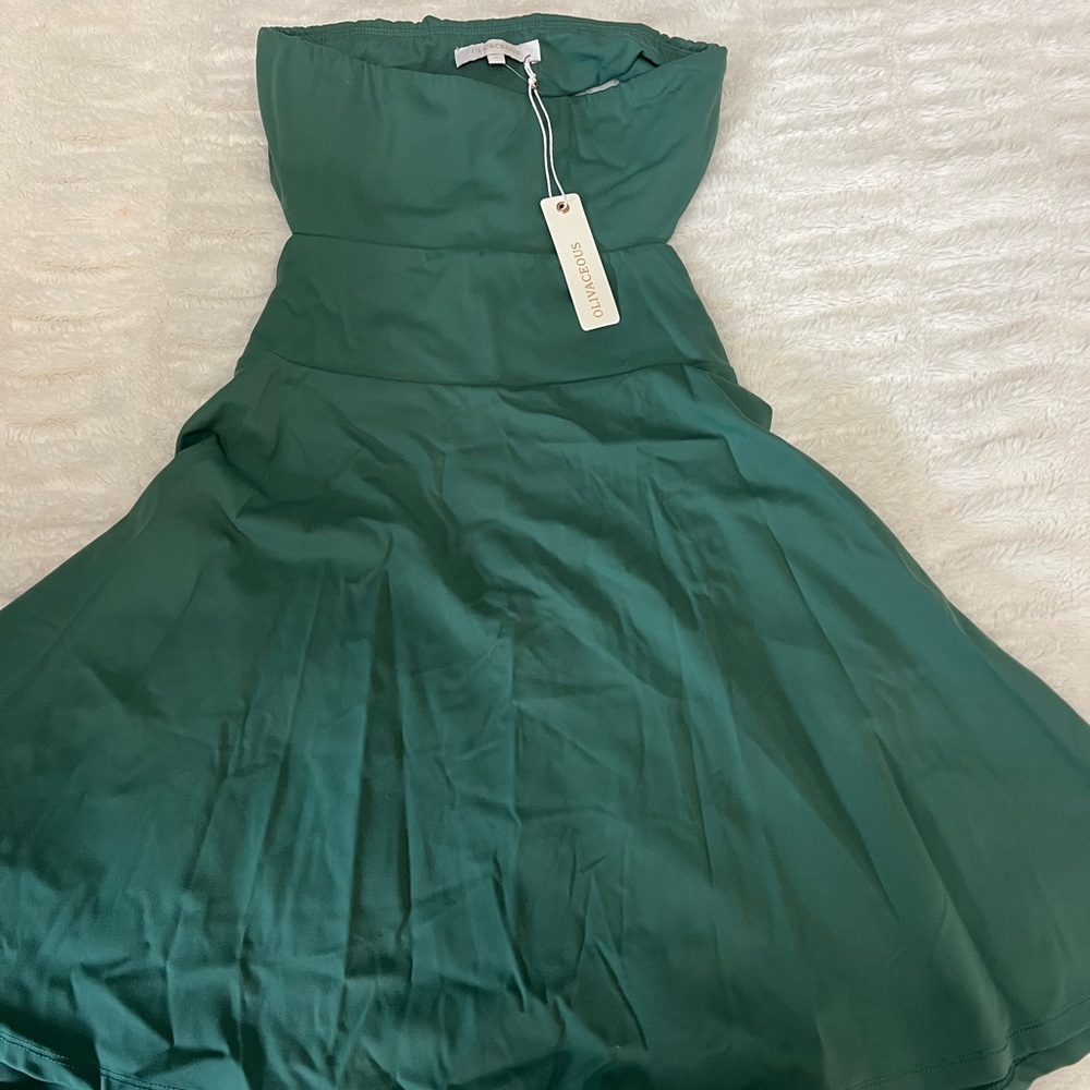 Olivaceous Green Strapless Fit and Flare Dress for Weddings